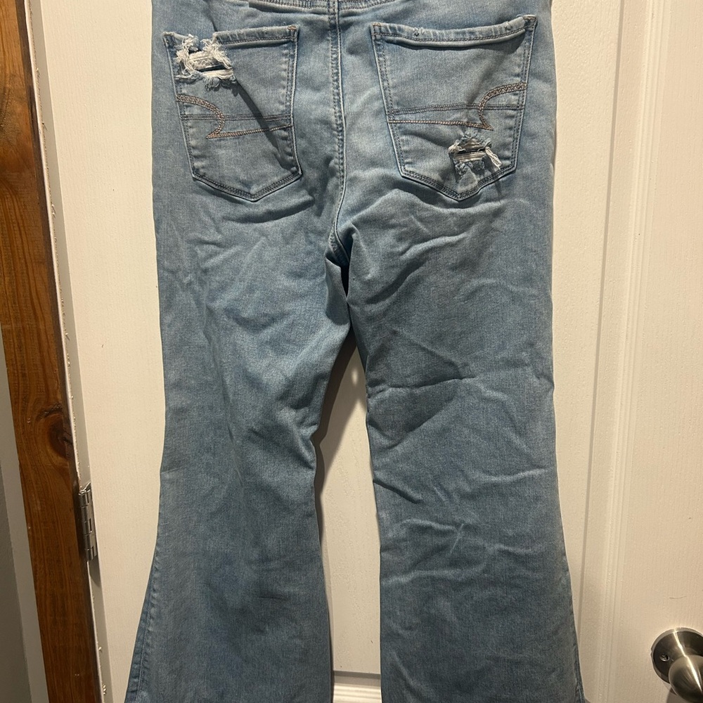 American Eagle Outfitters Light Blue Super High Rise Flare Distressed Jeans - Picture 5 of 7